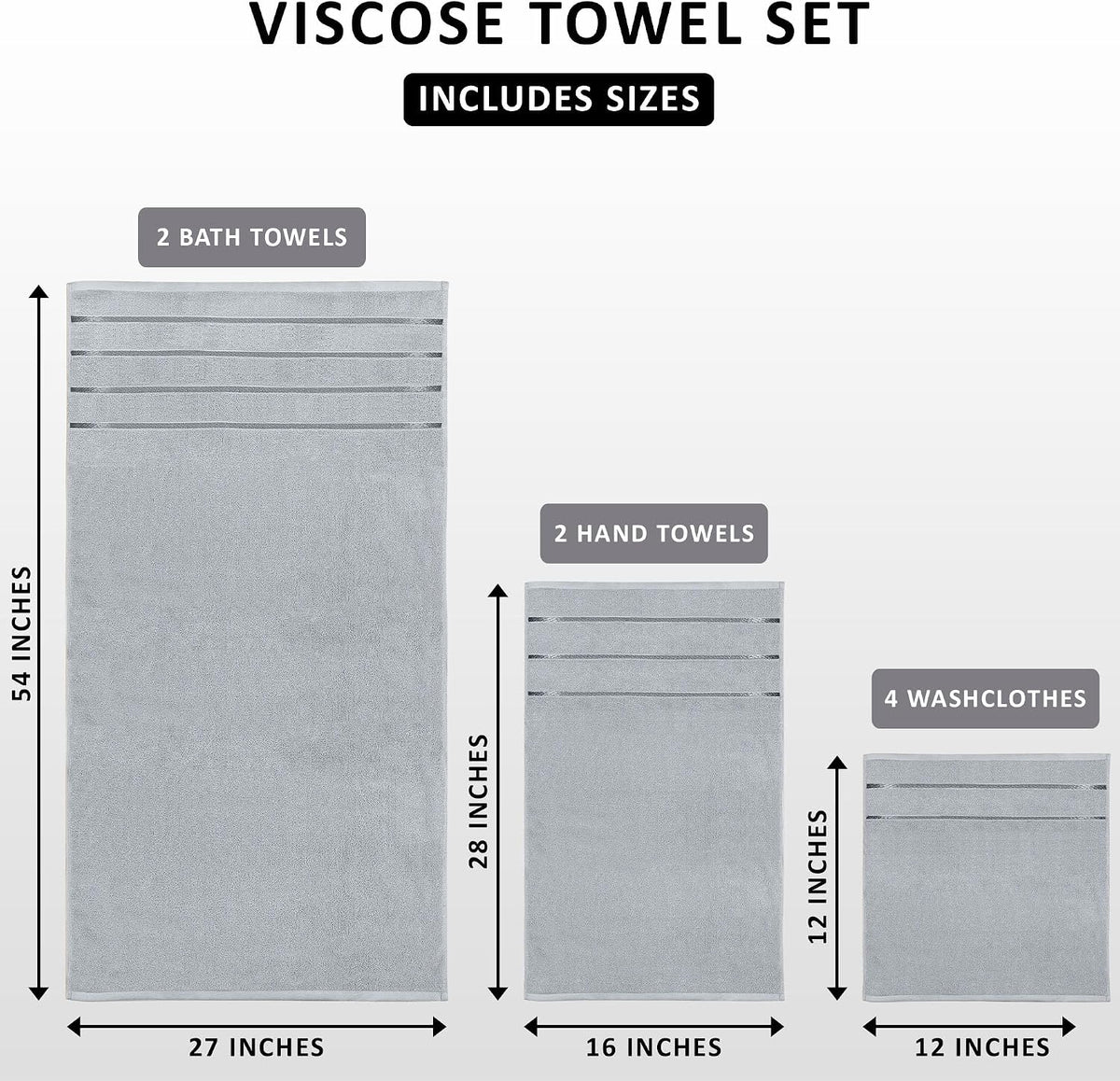 8 Piece Luxury Towel Set, 600 GSM, Viscose Stripe, Cool Grey | 600 GSM Ring Spun Cotton Towels with Viscose Stripe