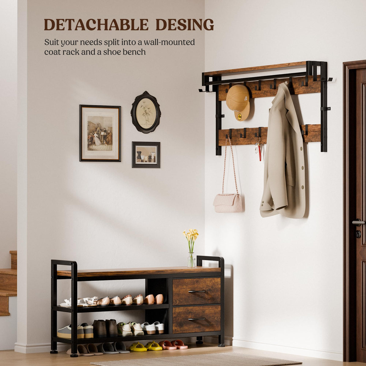 Coat Rack, 39.4" Hall Tree with Shoe Storage Bench, Rustic Brown