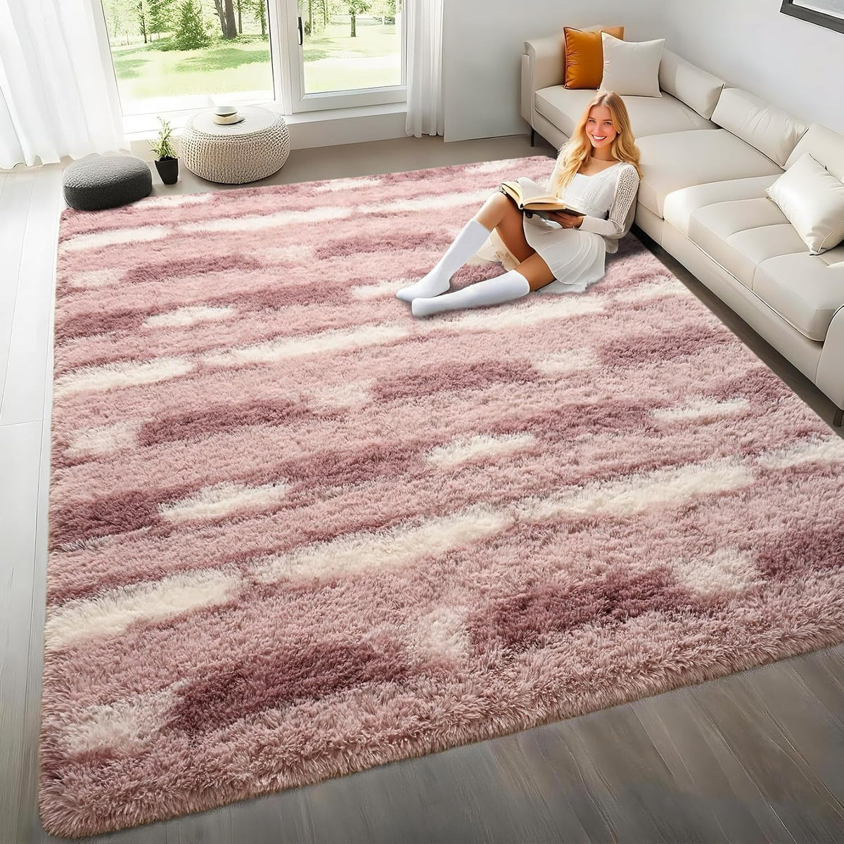 Pink and White Rugs Girls, Fluffy Soft Plush Area Rugs with Non-Slip Backing, Modern Striped Shag Fuzzy Carpets