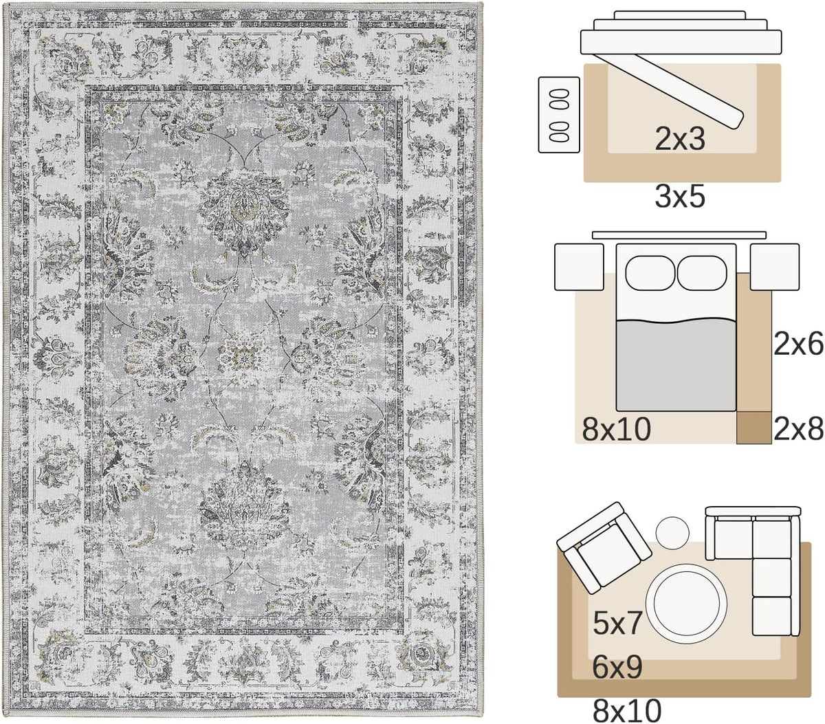 Vintage Floral Area Rug, Washable Entryway Rug, Grey