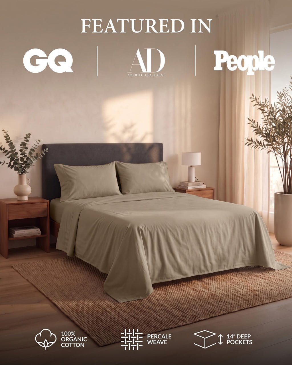Queen Sheets 100% Organic Cotton Soft 4pc Percale - Taupe