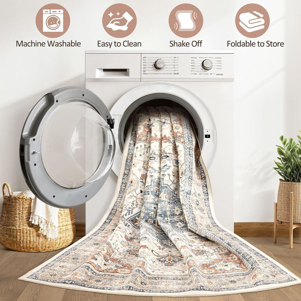 Area Rug Washable Vintage Boho Living Room Rug Beige Blue