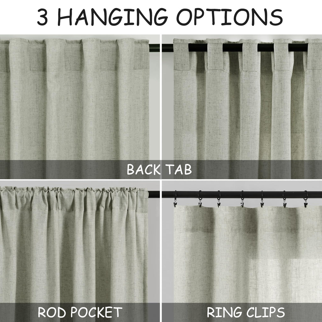Extra Long Sage Green Curtain 2 Panels 108 inches Long Back Tab Pocket Light Filtering Semi Sheer Drapes Cotton Linen