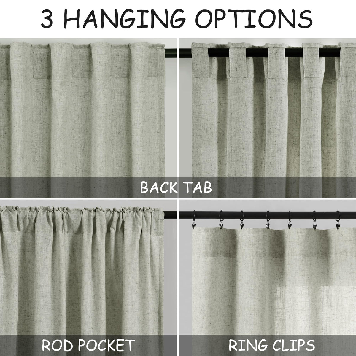 Extra Long Sage Green Curtain 2 Panels 108 inches Long Back Tab Pocket Light Filtering Semi Sheer Drapes Cotton Linen