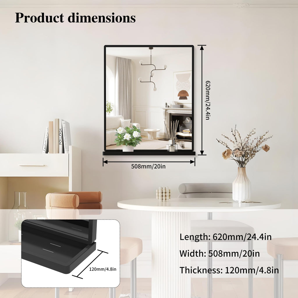 Bathroom Mirror with Shelf, Black Rectangle Wall Mirror Metal Frame, Hanging Horizontal or Vertical (24'' X 20'')