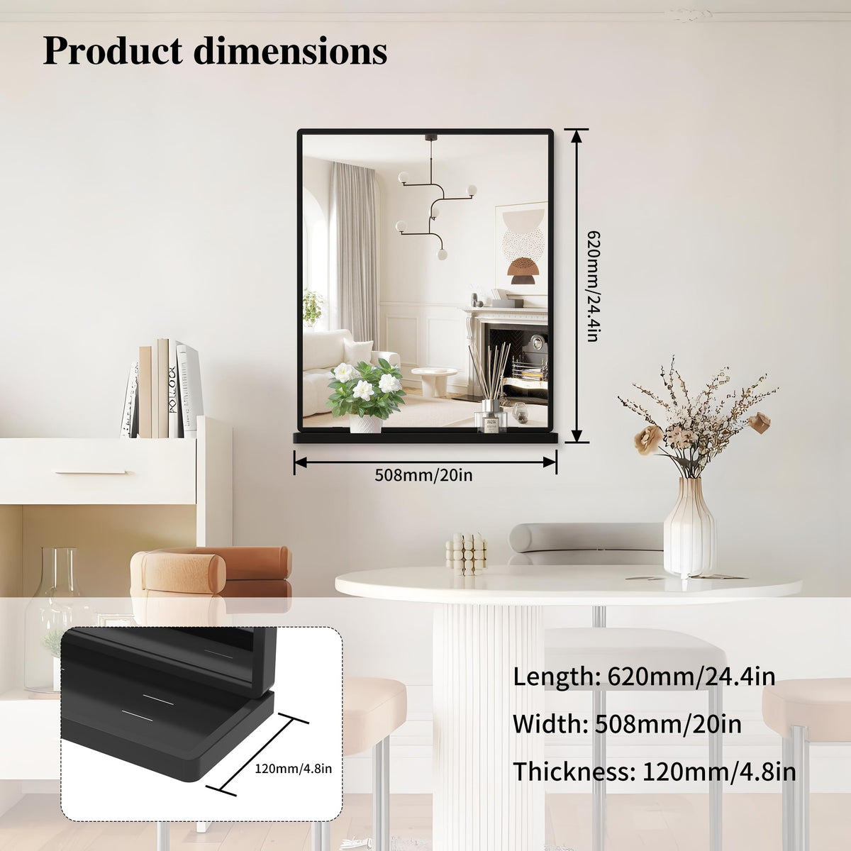 Bathroom Mirror with Shelf, Black Rectangle Wall Mirror Metal Frame, Hanging Horizontal or Vertical (24'' X 20'')