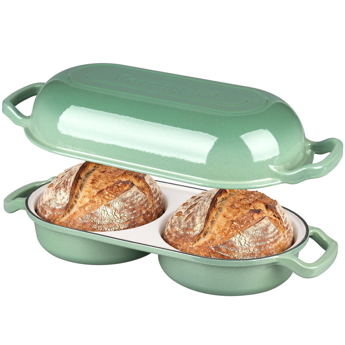 Enameled Cast Iron Double Dutch Oven with Lid, Dual Round Loaf Pan, Bread pan made Sourdough Bread Baking, Sage green
