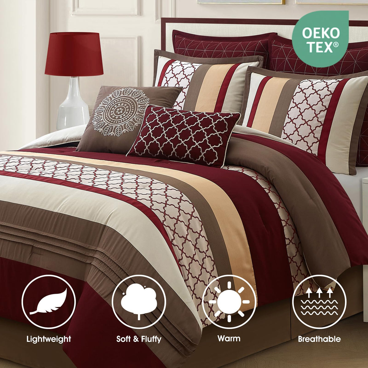 Comforter Set, Berry Taupe Bedding Set, Jacquard Woven with Embroidery, 8 Pieces Bed in a Bag, Bed Skirt, Shams