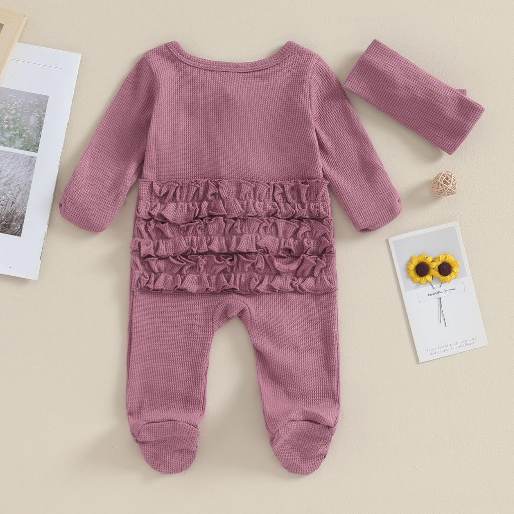 Baby Girl Fall Winter Outfits - Knit Jumpsuit Ruffle Romper Coming Home Outfit (mitten cuff Jumpsuit Purple)