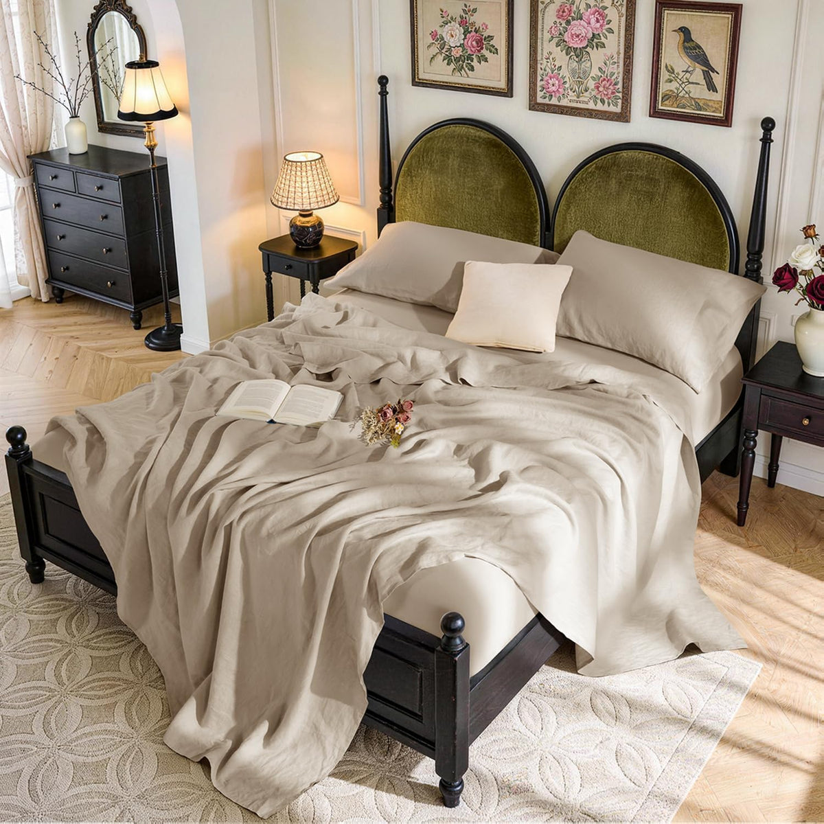 100% French Linen King Sheets Set,Natural Flax Bedding