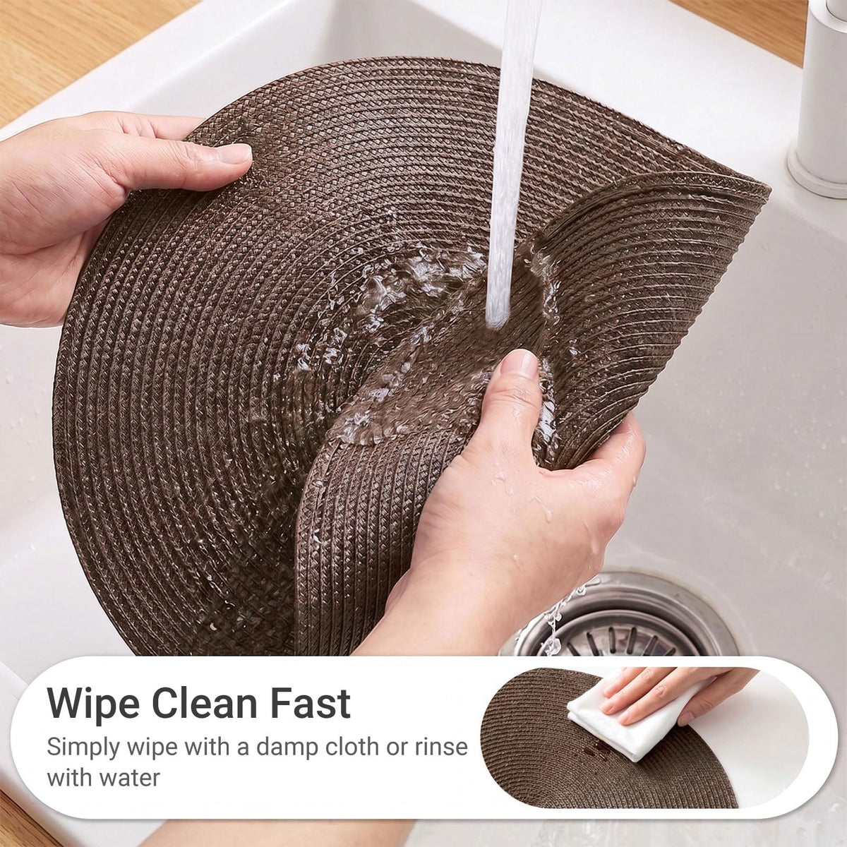 Round Braided Placemats Set of 4 Table Mats for Dining Tables Woven Washable Non-Slip Place mats 15inch (Brown, 4pcs)