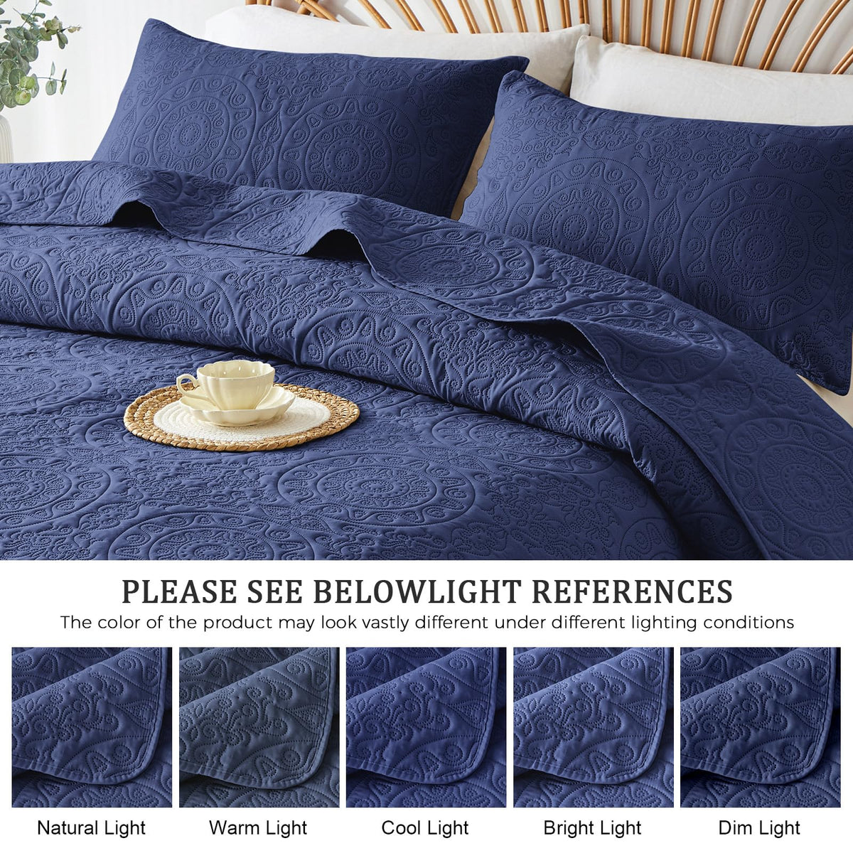 Navy Blue Quilt Set, Embossing Microfiber Bedspreads with Pillow Sham, Ligthweight Breathable Thin