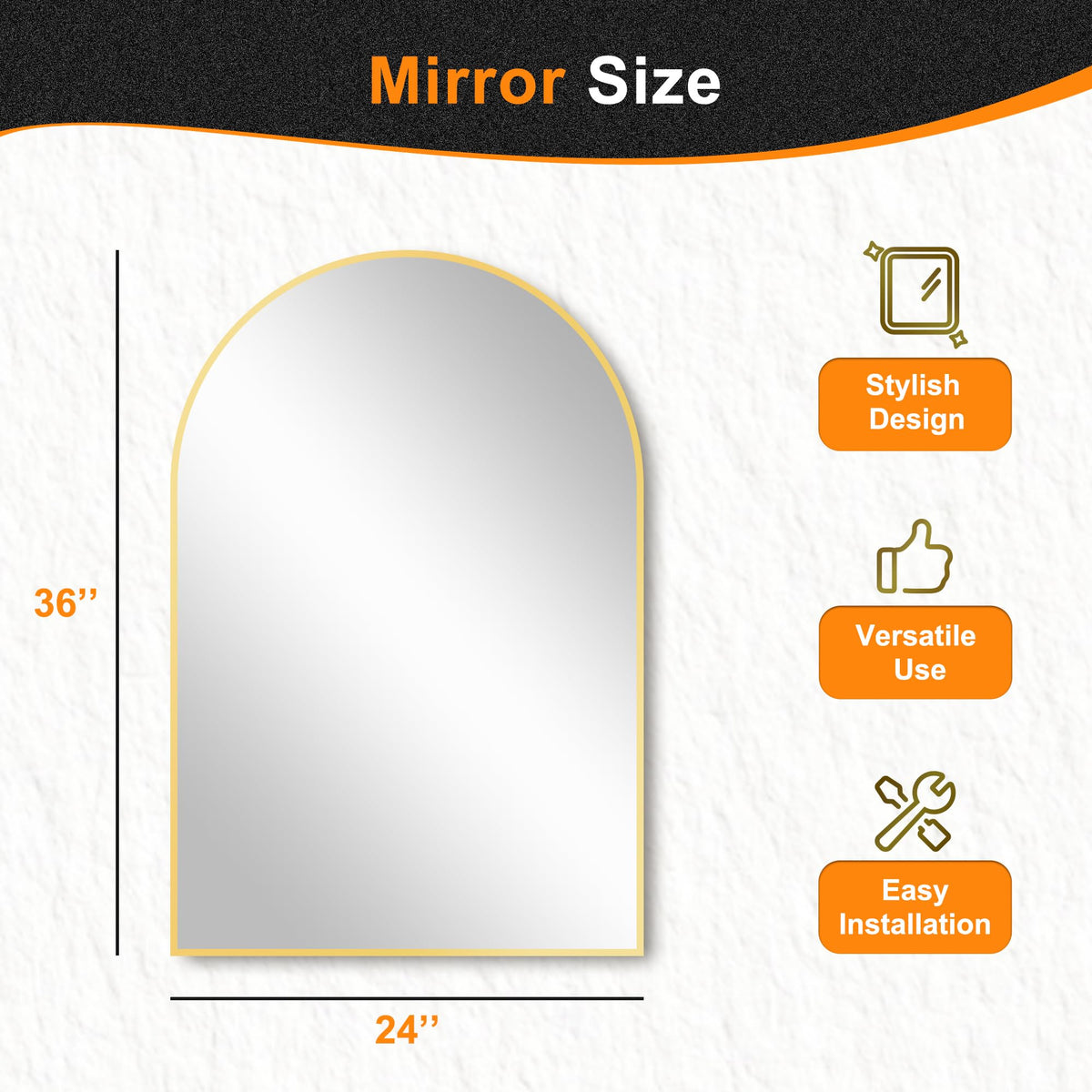 Arched Bathroom Mirror, 24"x36", Gold
