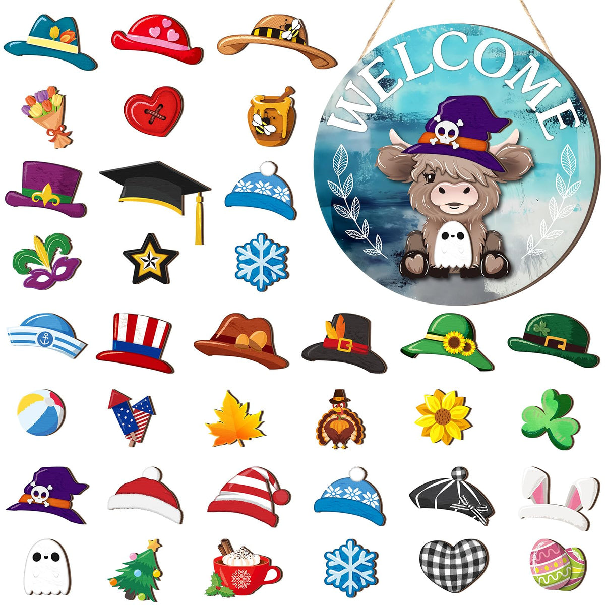 35 Pcs Fall Interchangeable Highland Cow Welcome Sign, Lake Blue