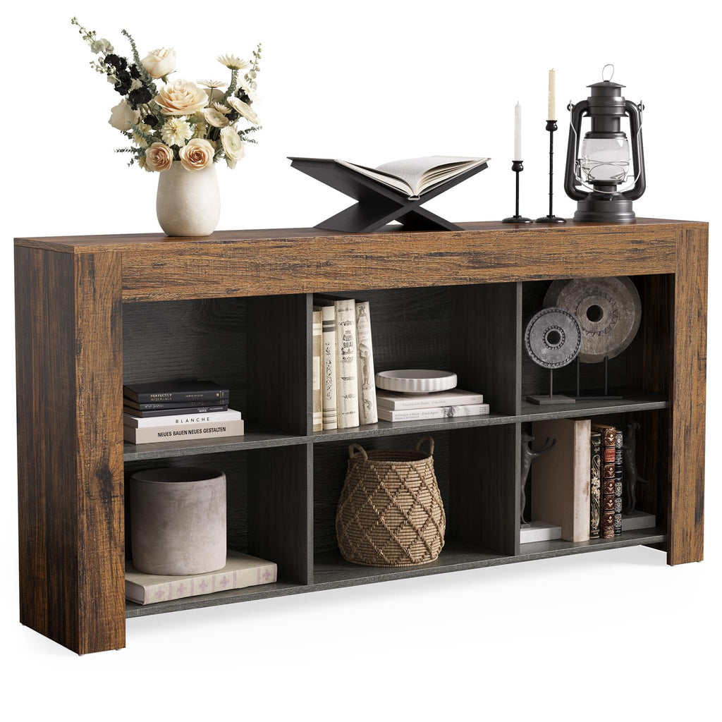 Console Table with Storage, 63-Inch Narrow Long Sofa Table, Entryway Table with 6 Cubes, Farmhouse Storage Shelves