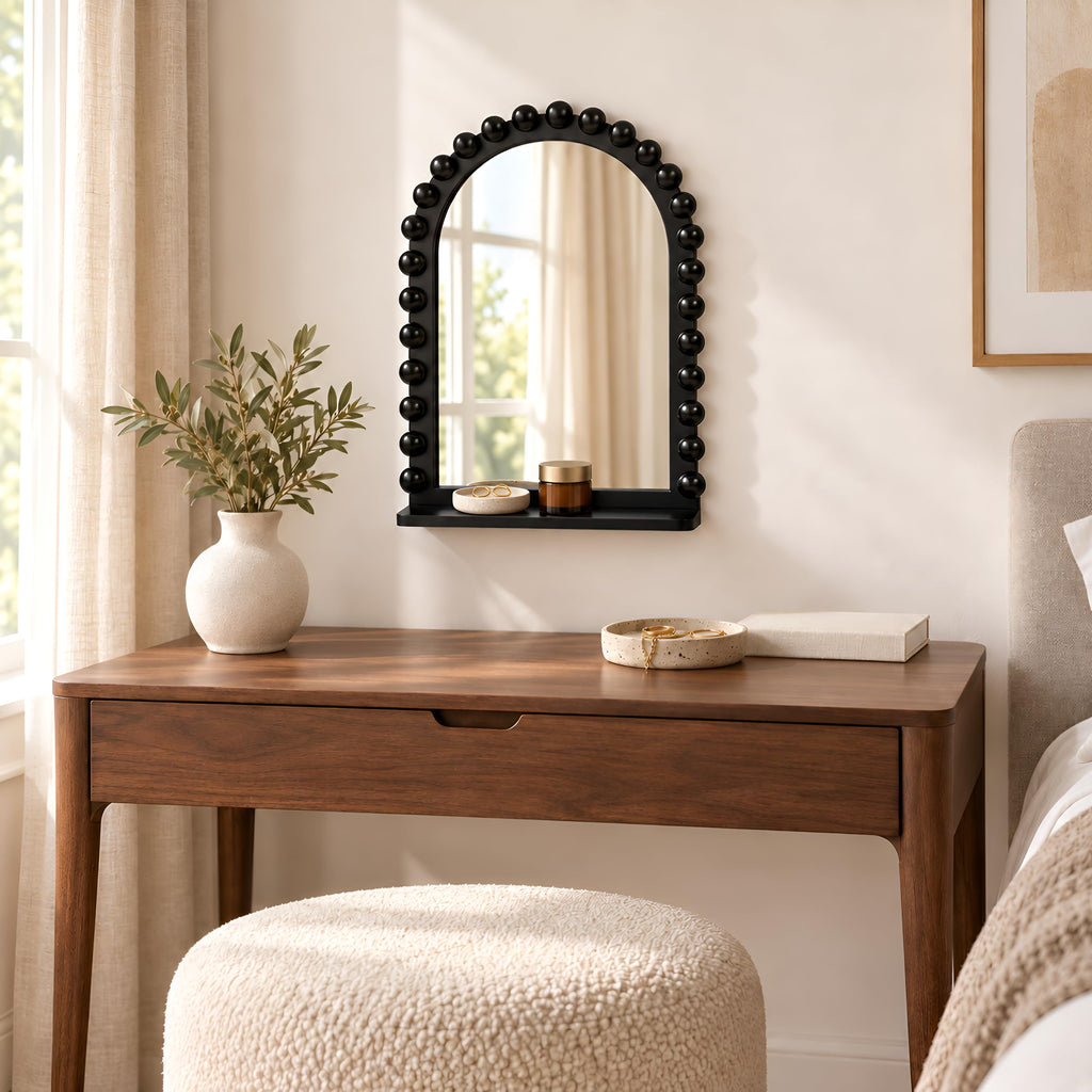 Arched Wall Mirror with Shelf, 12x16 Inch Wooden Bead Bathroom Mirror
