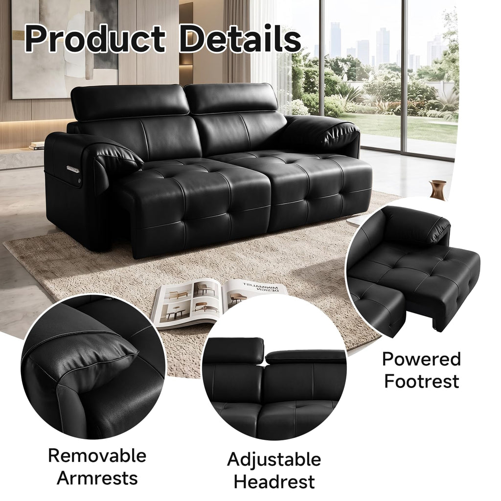 Genuine Leather Electric Pull Out Couch, Power Reclining Sofa with Adjustable Headrests | Extendable Footrest | USB &