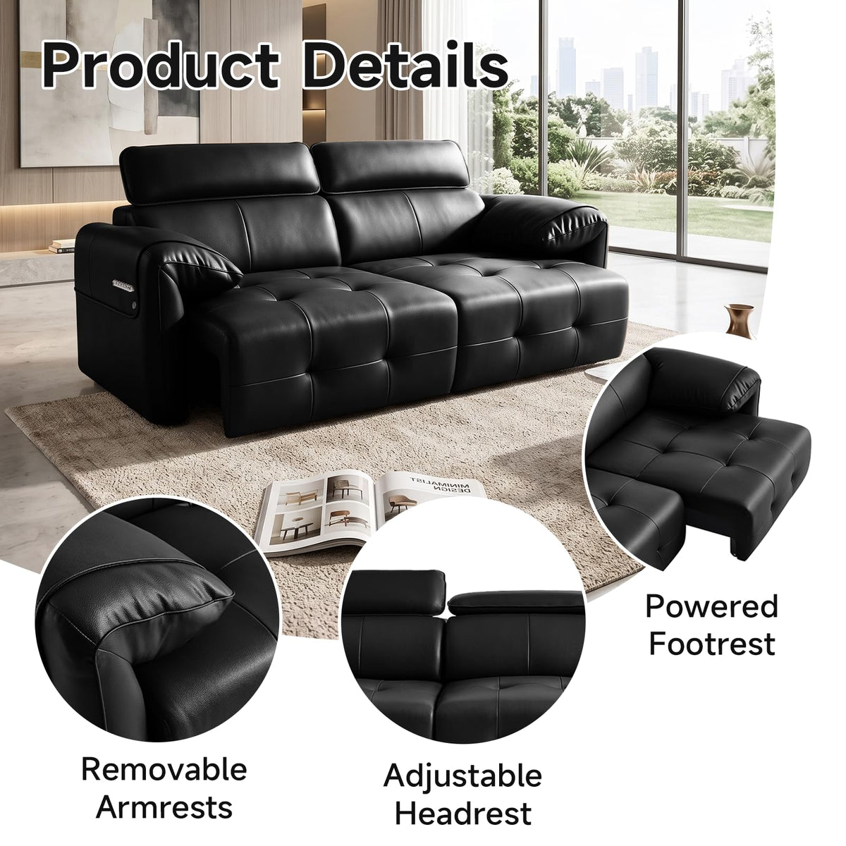 Genuine Leather Electric Pull Out Couch, Power Reclining Sofa with Adjustable Headrests | Extendable Footrest | USB &