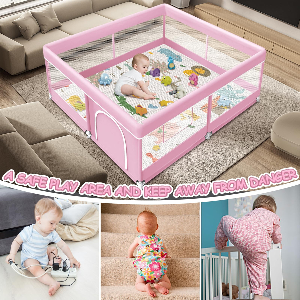 Baby Playpen with Mat, 50 x 50 Inch Playpen for Babies and Toddlers, Baby Playard for Indoor & Outdoor Active Center