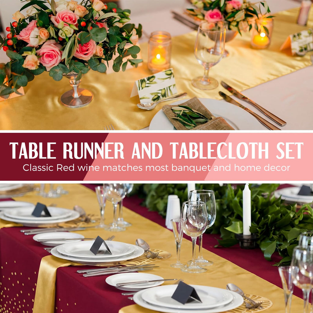 16 Pack Burgundy and Gold Tablecloths and Satin Runners Set