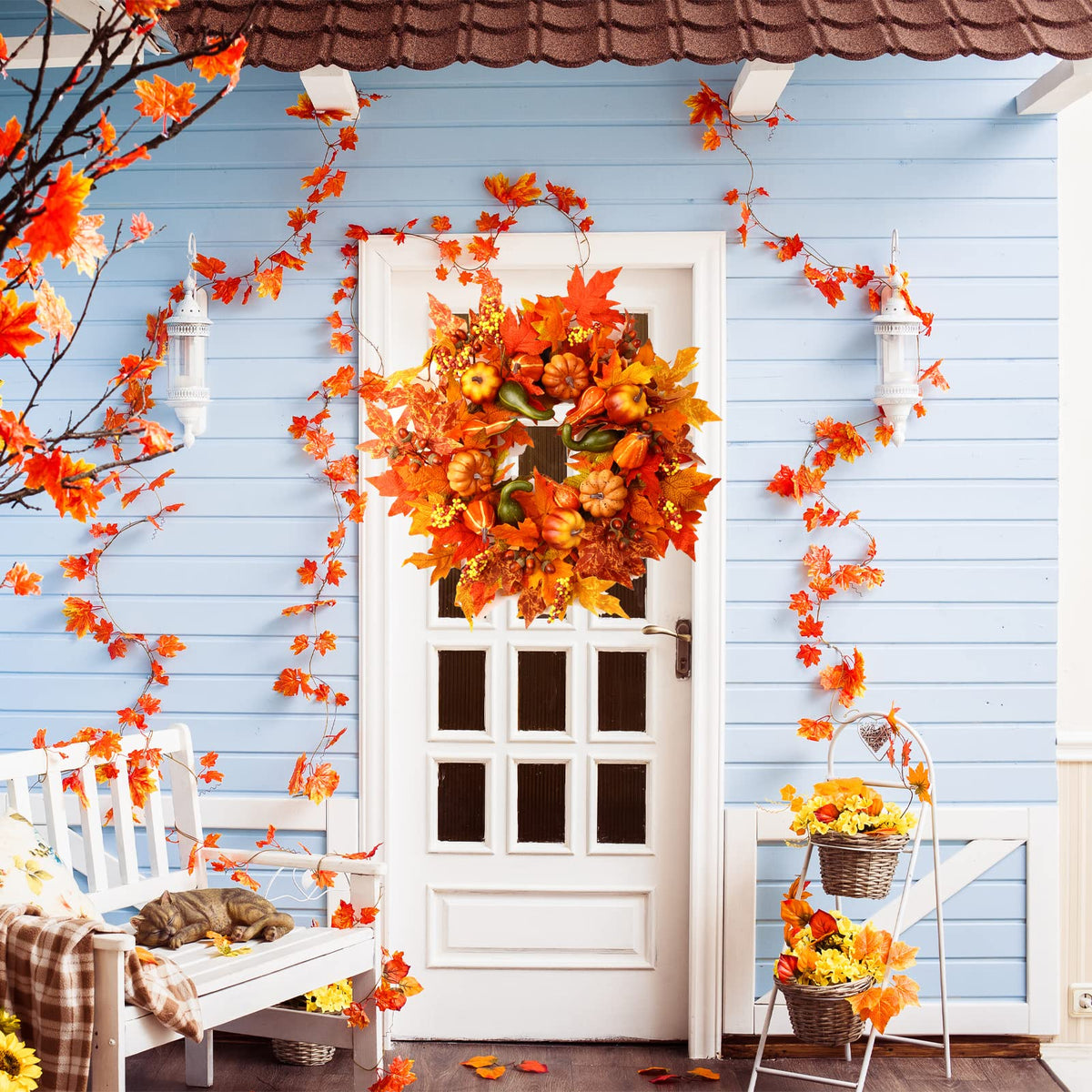 24" Harvest Fall Wreaths for Front Door Outside, Autumn Wreath with Pumpkins