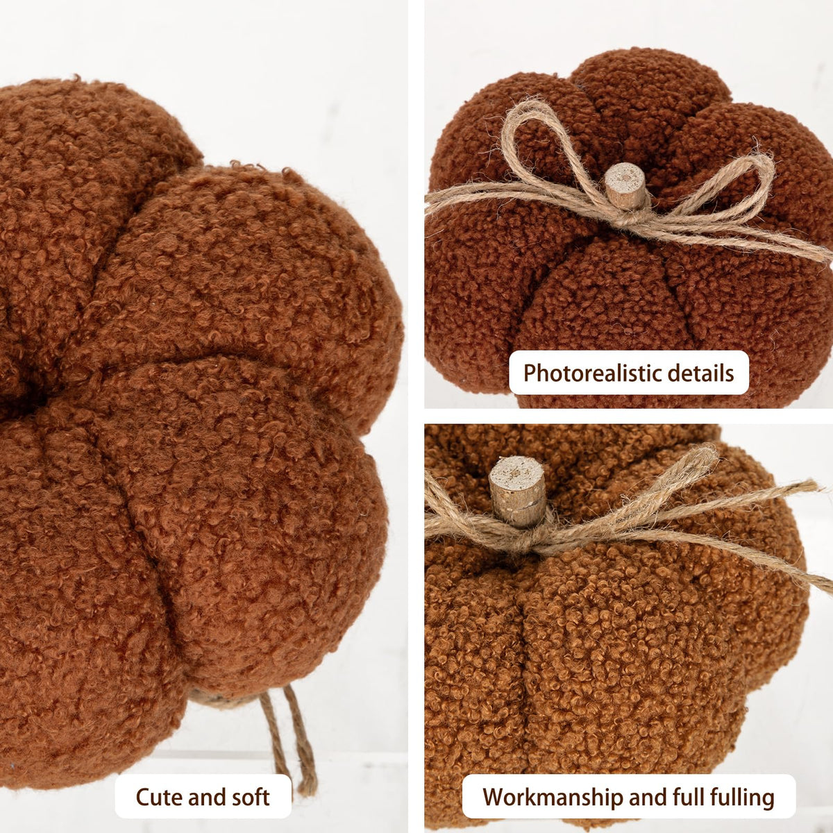 6" Fall Pumpkin Decorations, Mix Brown Artificial Fabric Pumpkins