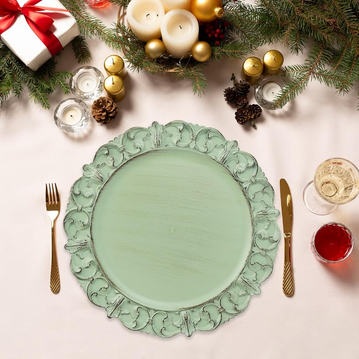 Green Charger Plates Set of 6, Decorative Table Plastic Chargers for Dinner Plates, Party, Wedding, Thanksgiving