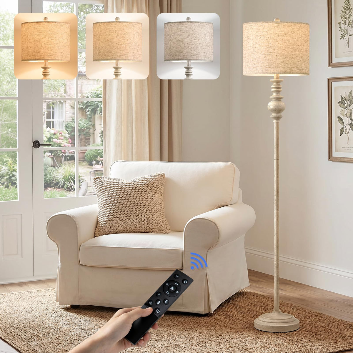 64.25" Farmhouse Floor Lamp with Remote, Dimmable Floor Lamp with Adjustable Color Temperatures, Tall White Standing