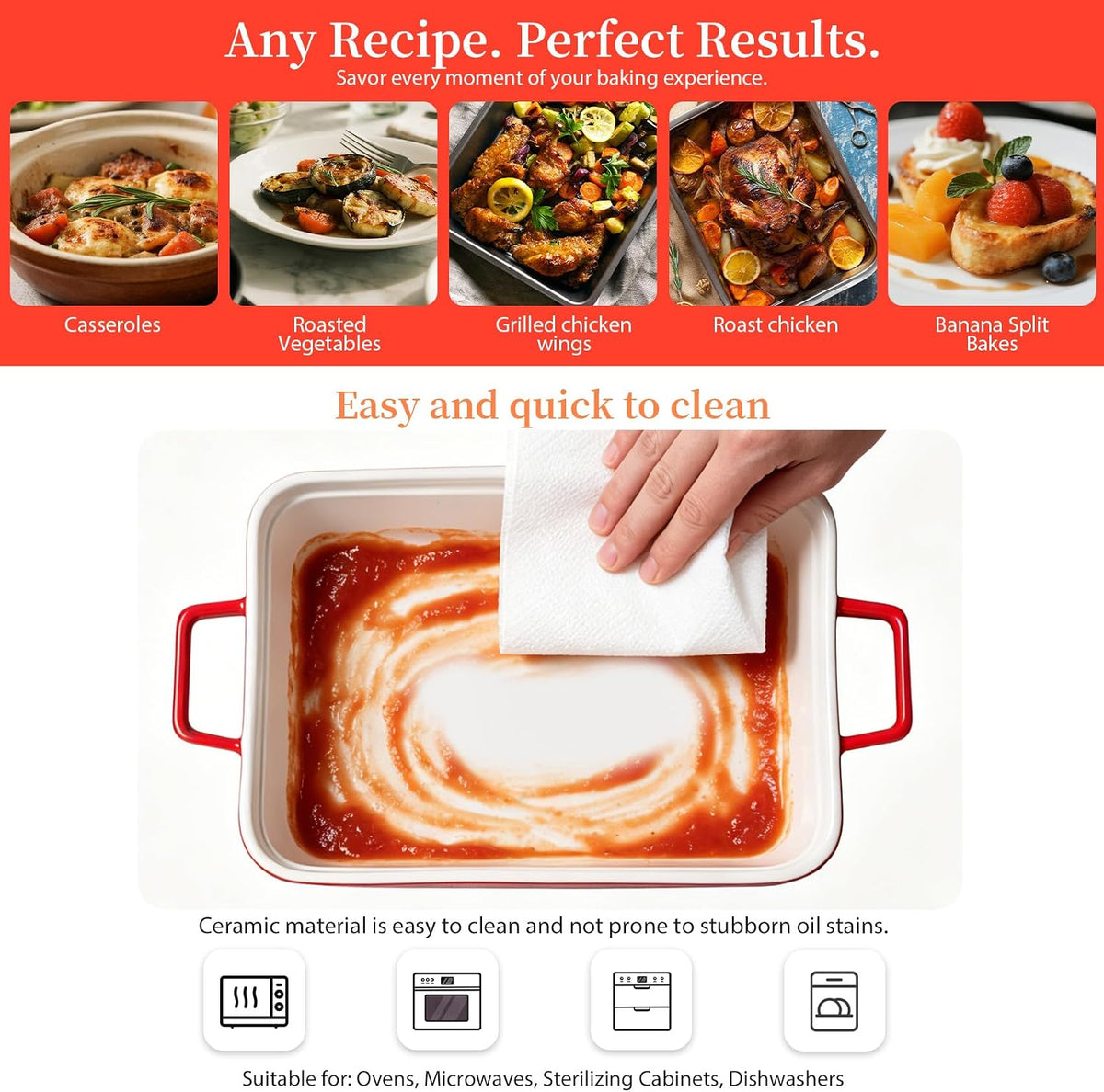 Ceramic Casserole Dish with Lid 6 Pcs, 2-in-1 Dish Set Stoneware Dishes for Oven, (13"x8"+8"x6"), 3.06Qt & 0.95Qt