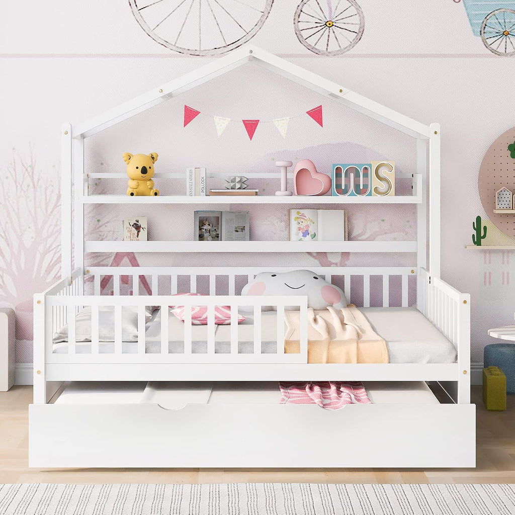 Wooden Full Size House Bed with Twin Size Trundle, Kids Bed with Shelf, White (Full, White+Trundle)