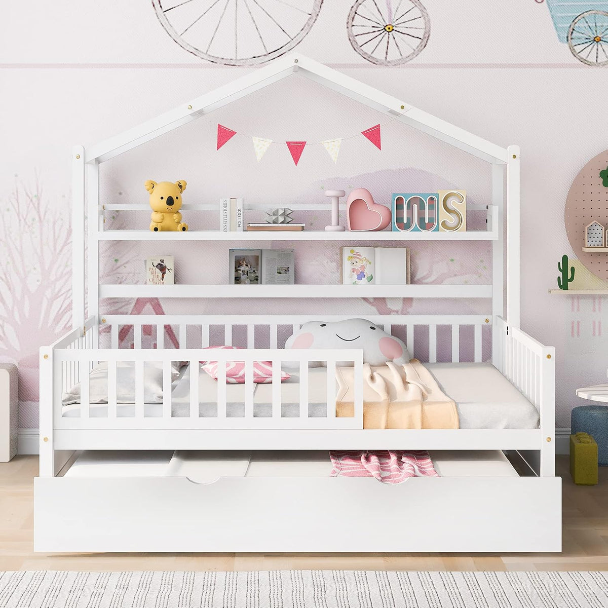 Wooden Full Size House Bed with Twin Size Trundle, Kids Bed with Shelf, White (Full, White+Trundle)