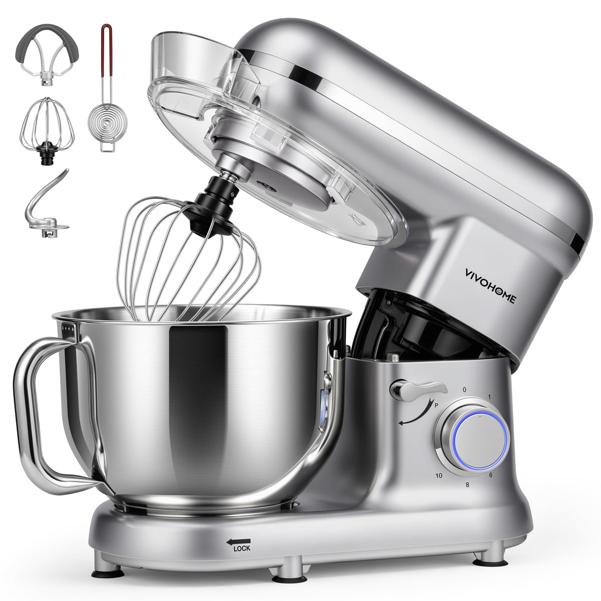 Stand Mixer, 6-Quart Tilt-Head Kitchen Mixer with Bowl, Silver
