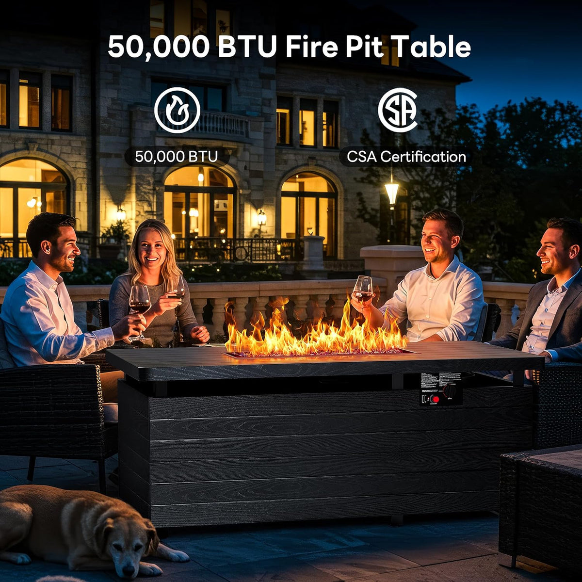 50” Outdoor Propane Fire Pit Table, 50,000 BTU Rectangular Gas Fire Pit with Lid & Blue Crystal Stones, Steel Tabletop, Adjustable Flame, 4-in-1