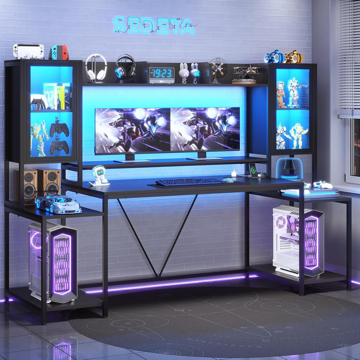 Gaming Desk 75'' with LED Lights, Hutch and Storage Shelves, Black | Computer Desk with Monitor Stand, Large PC Gamer