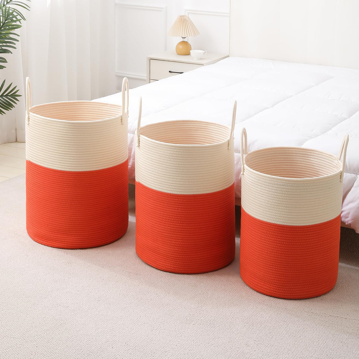 Woven Laundry Hamper Tall Rope Storage Basket for Blanket oys Dirty Clothes Bathroom Bedroom (White&Orange
