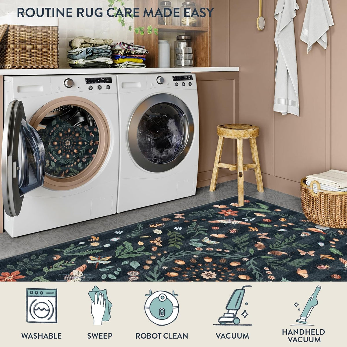 Insect Botanical Black Runners for Hallways, Non Slip Washable Kitchen Bathroom Carpet Runner,Soft Non Skid