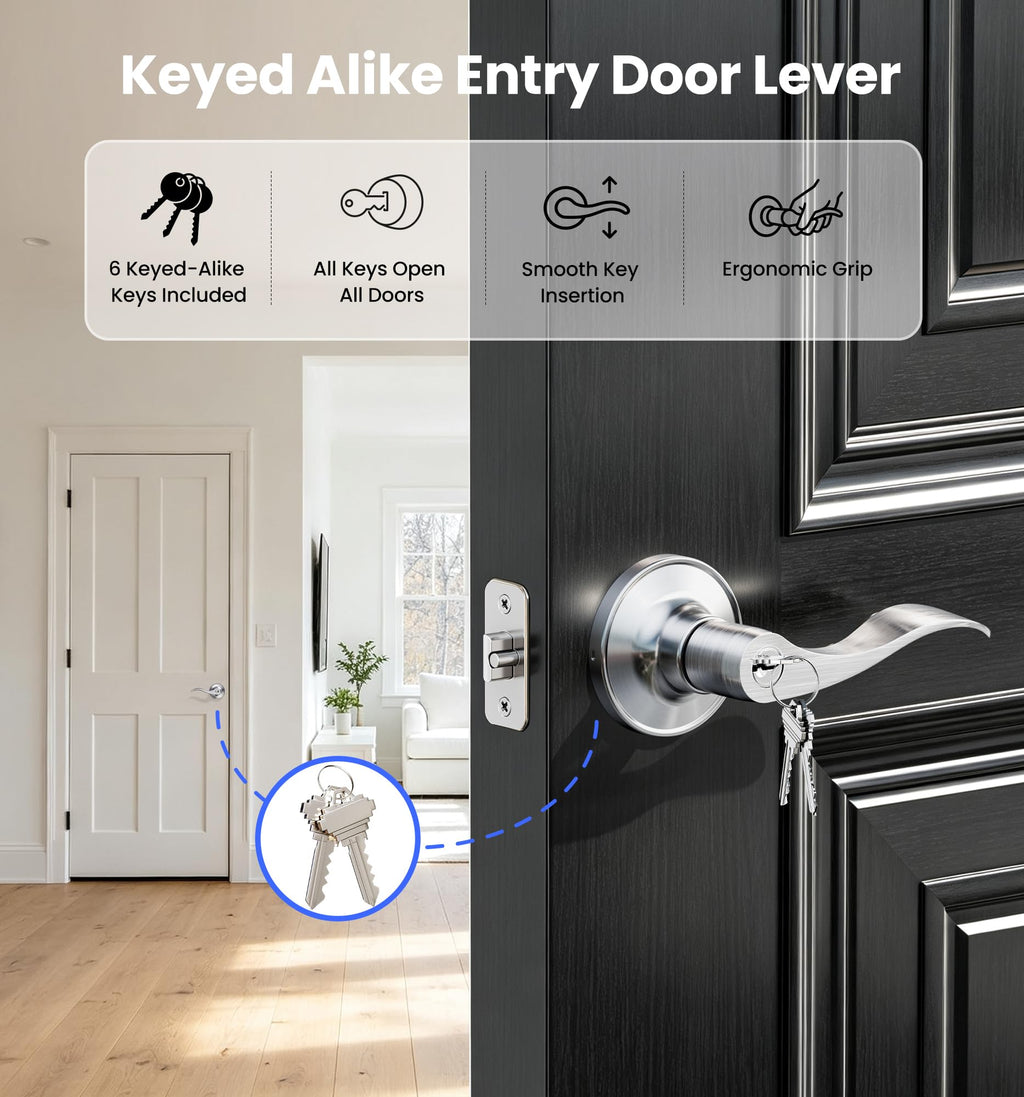 2 Pack Keyed Alike Entry Door Handles with Locks & Keys, Satin Nickel