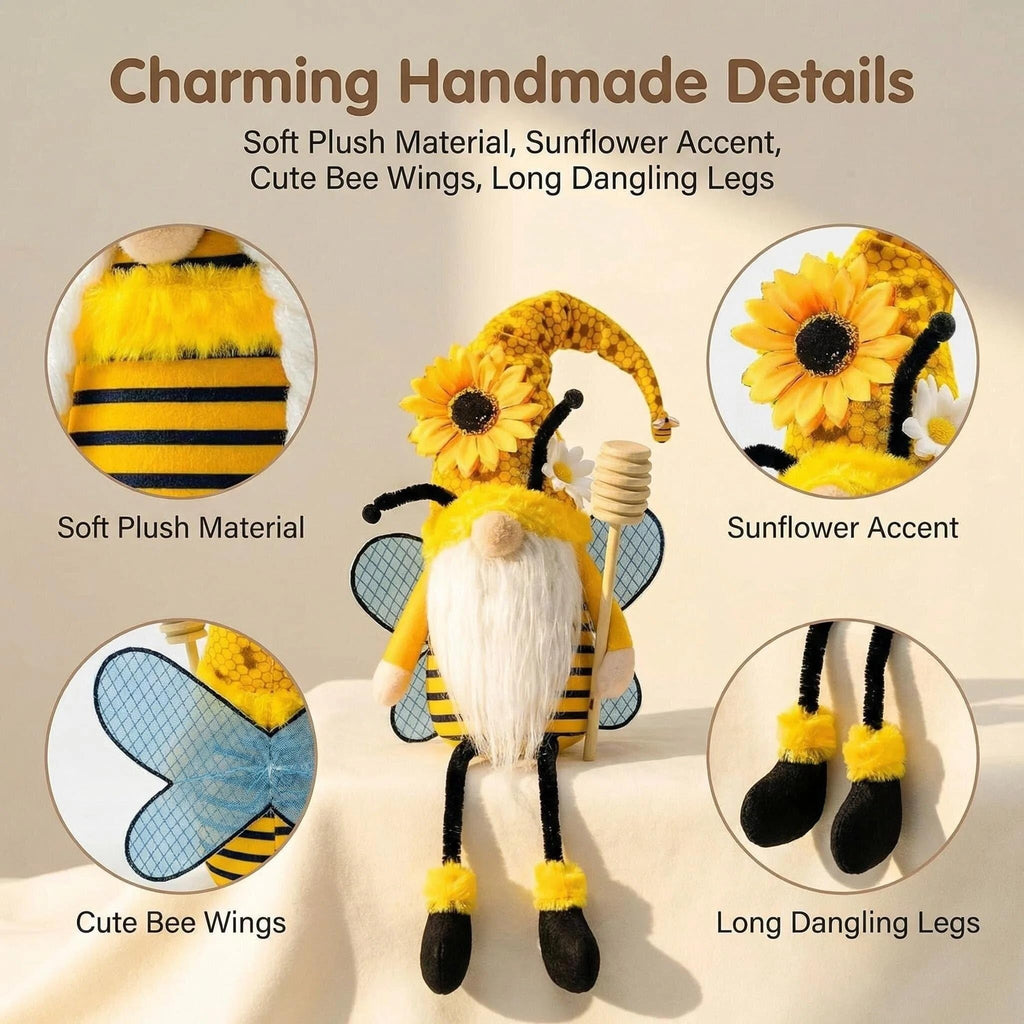 Spring Decorations, Indoor - Yellow Honey Bumble Bee Sunflower Plush Gnomes Doll - Summer Gifts for Women - Bee