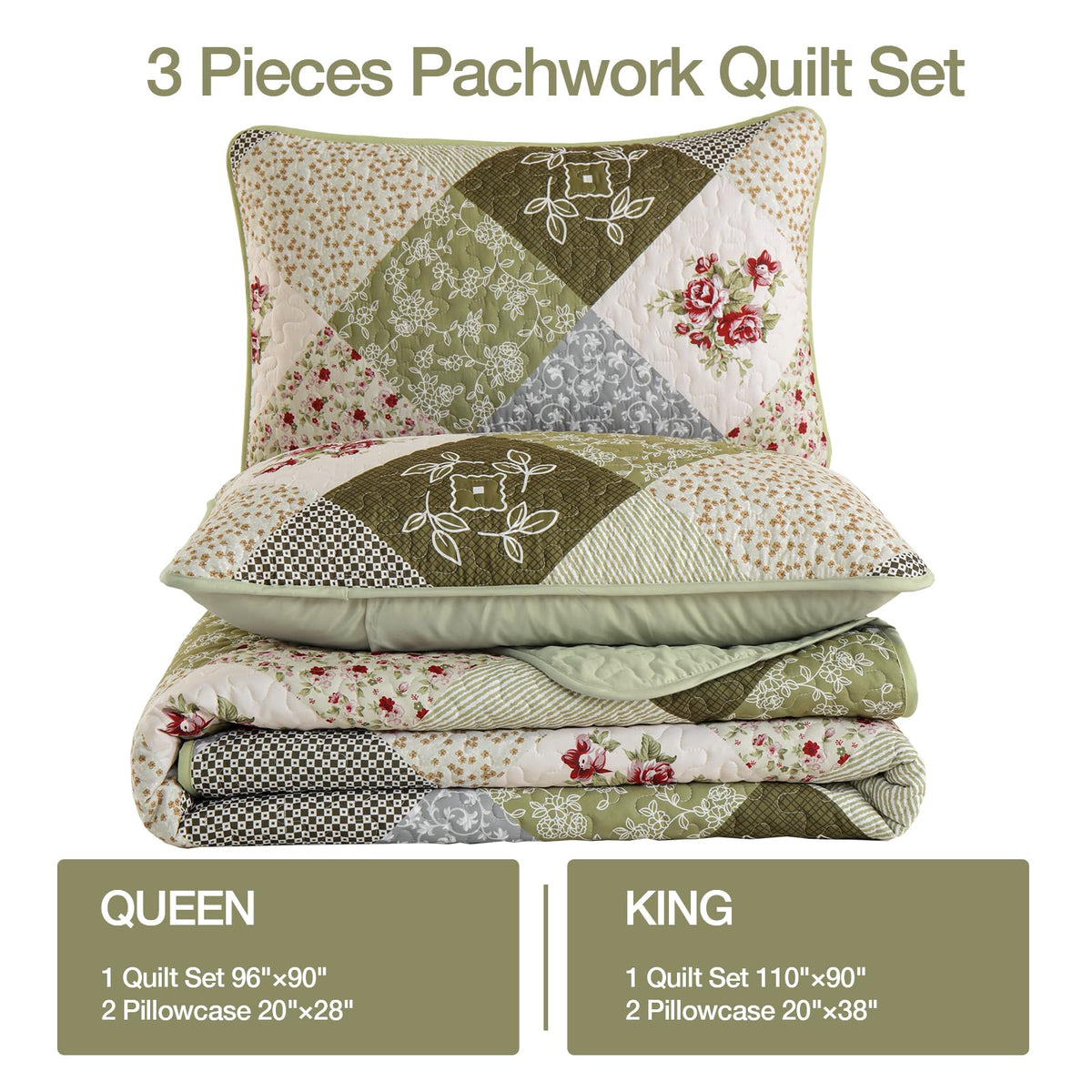 Patchwork Quilt Set, Boho Bedding Set, Oliver Green