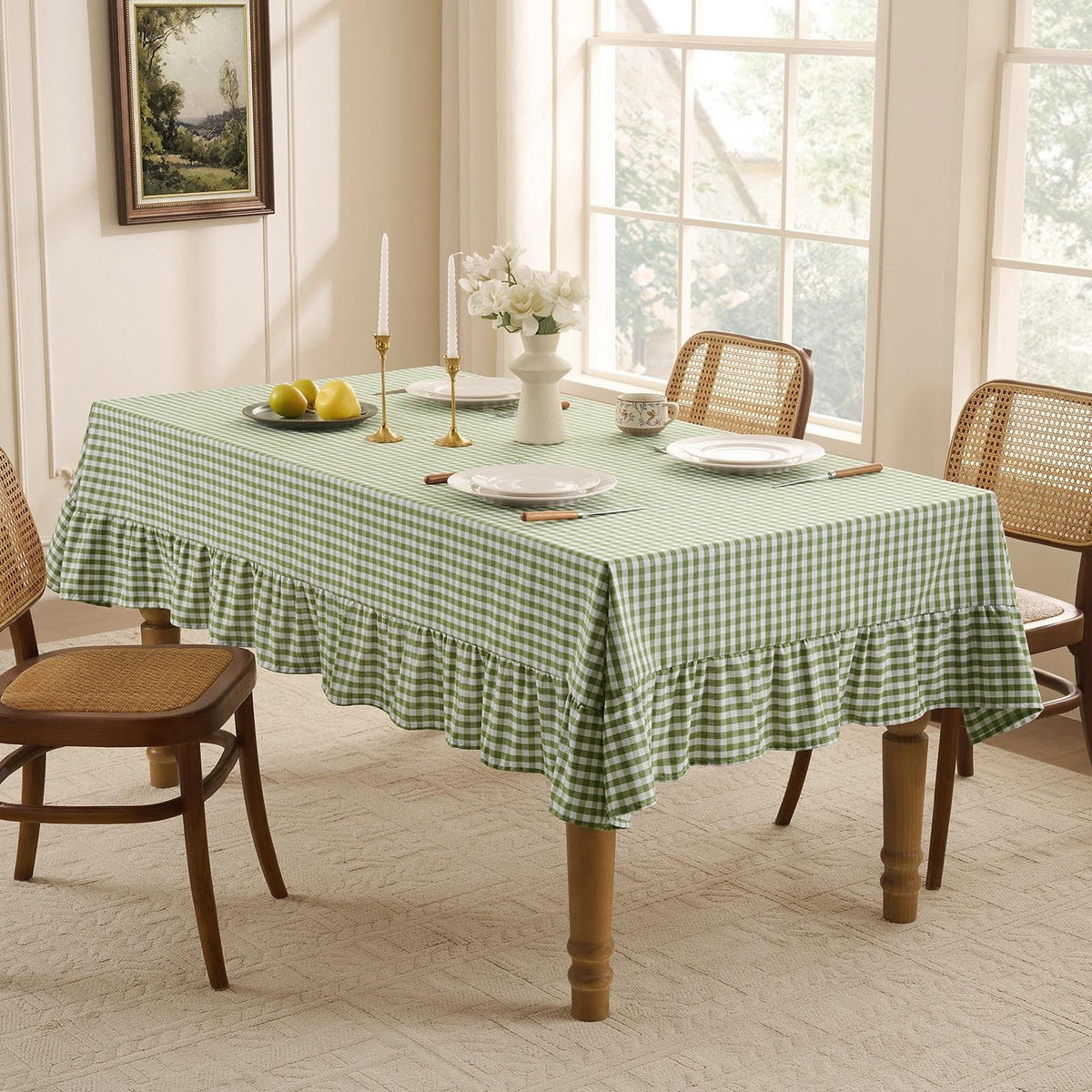 Gingham Ruffled Tablecloth Rectangle, 60 x 84 Inch, Sage Green