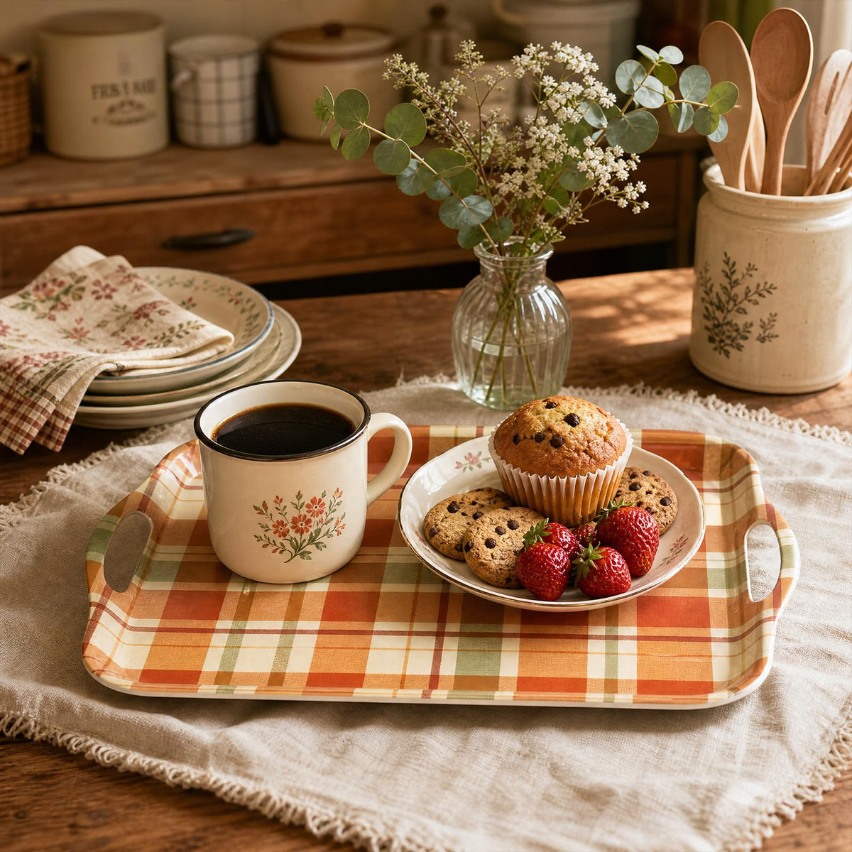 Serving Trays with Handles, Set of 2, 16 x 11.4 Inch Bamboo Fiber Rectangular Food Trays, Fall Plaid, Dishwasher Safe