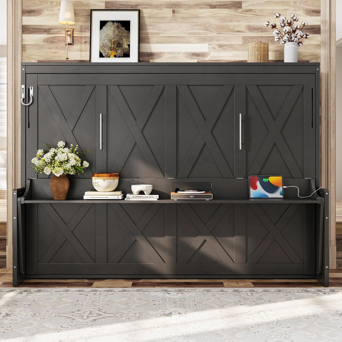Queen Horizontal Cabinet Murphy Bed with Desk & USB Charging Station, Foldable Hideaway Wall Bed Frame with Solid
