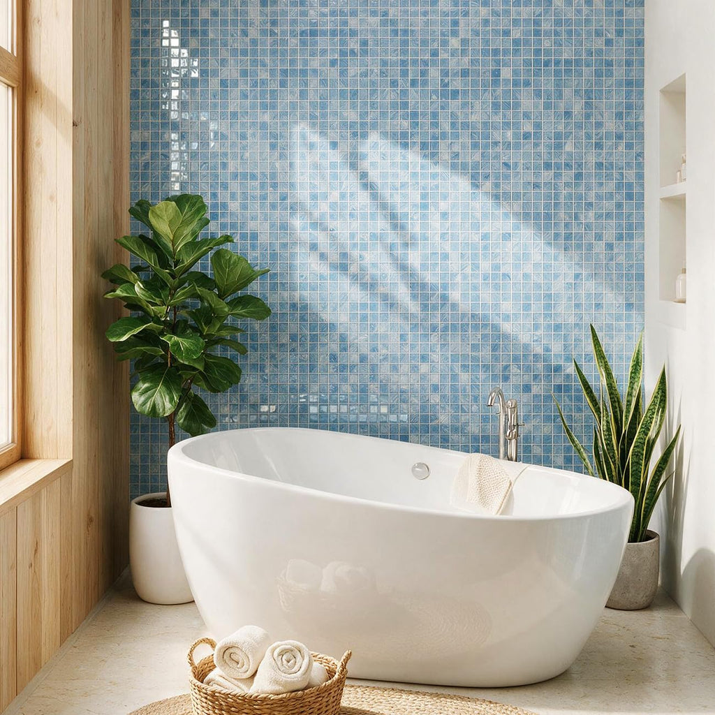 8PC Glass Mosaic Pool Tile, Blue Waterproof Floor & Wall Tiles
