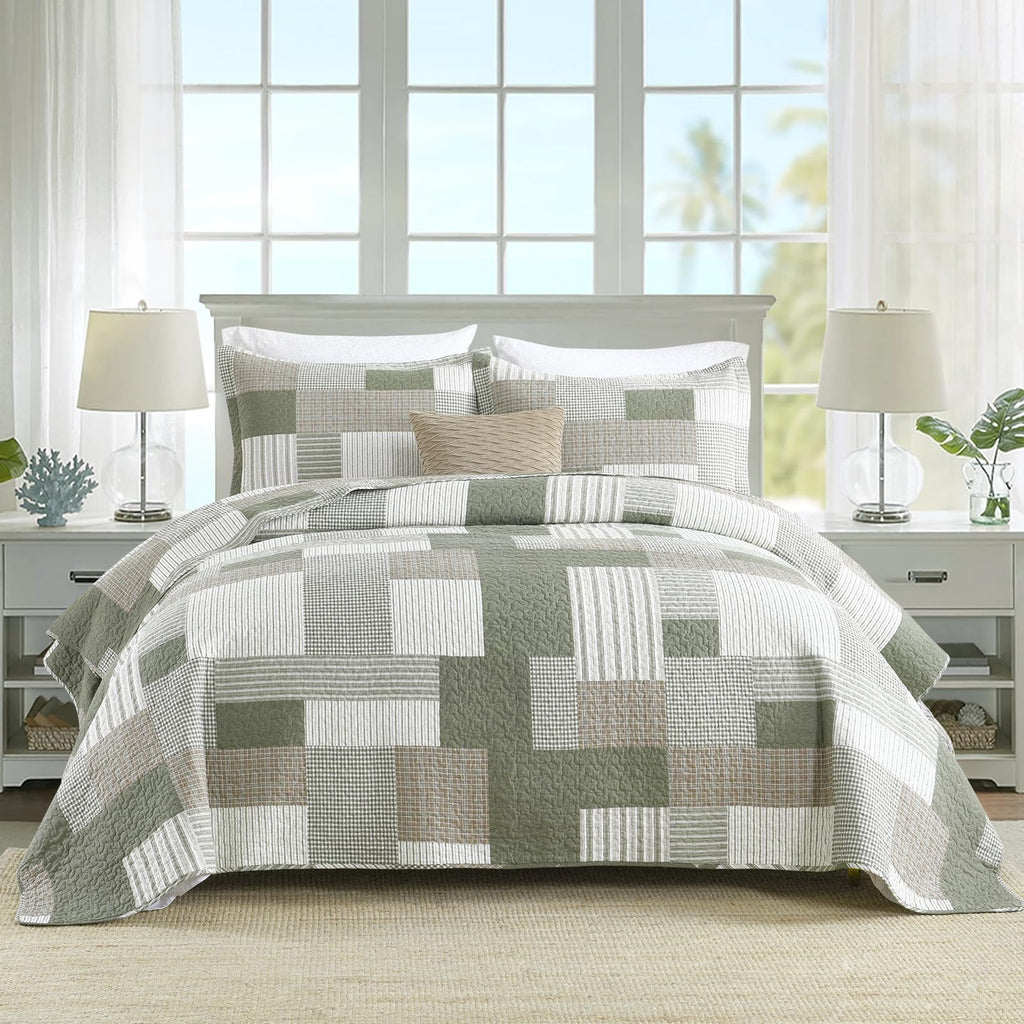 100% Cotton Quilts, Patchwork Plaid Quilt Bedding Set for All Season, Farmhouse Bedspreads Coverlet