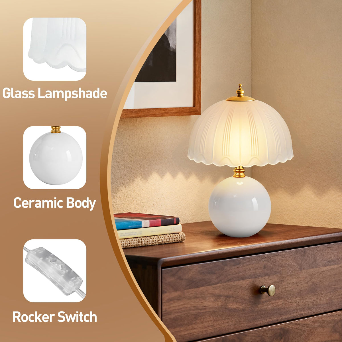 Mushroom Table Lamp, Ceramic Bedside Lamp with Glass Shade, 3-Way Lighting (2700K-5000K) Rocker Switch, Small