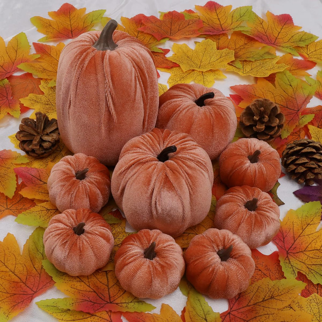 9Pcs Thanksgiving Velvet Pumpkins Decor Orange Small Faux Pumpkin