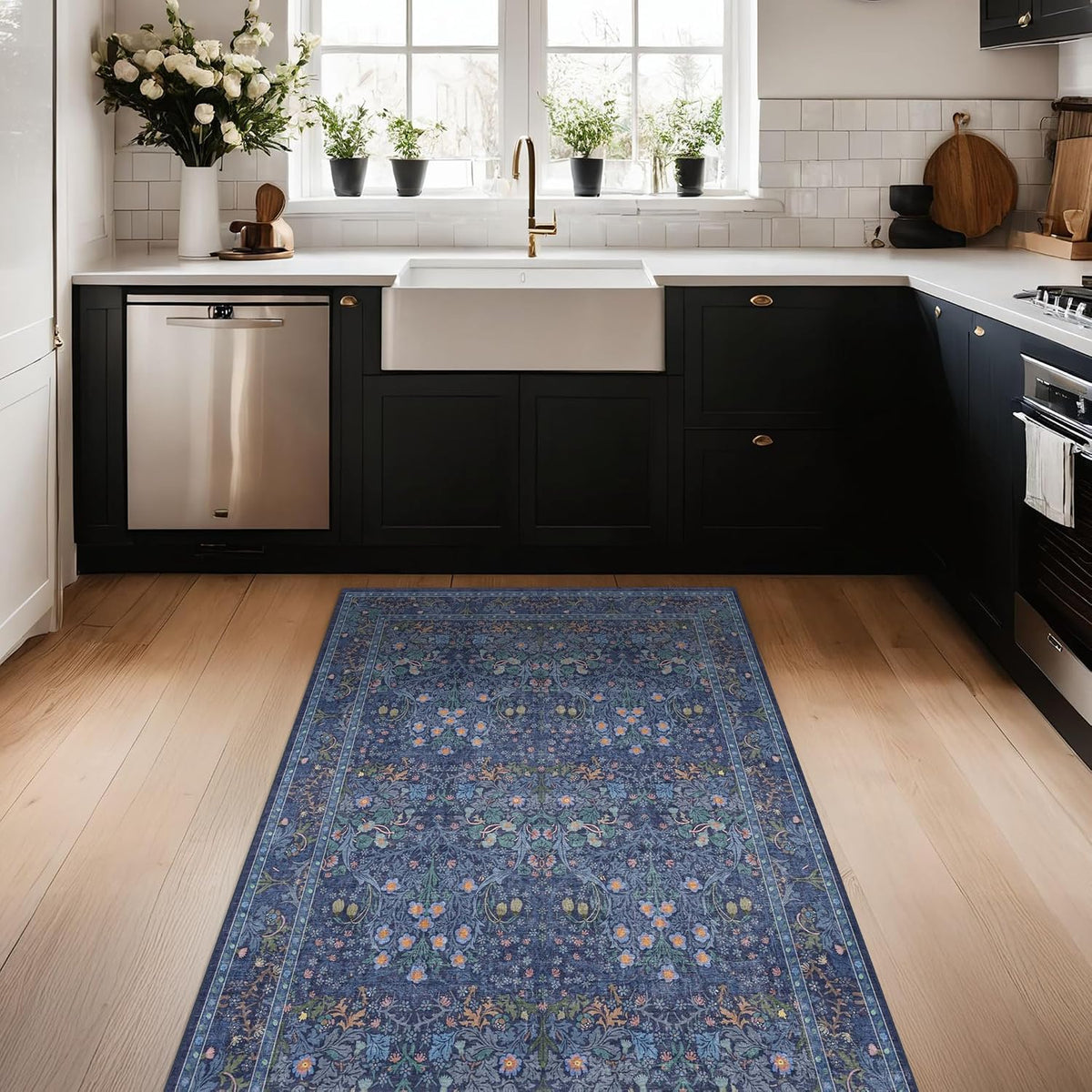 Vintage Dark Blue Area Rugs Beside Rug, Kitchen, Laundry Room, Non-Slip Low Pile Ultra Soft Stain Resistant Small
