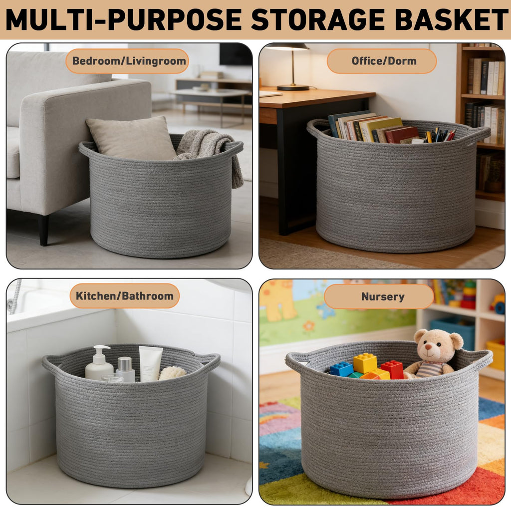 90L Extra Large Blanket Basket,Woven Rope Laundry Basket-Dark Grey