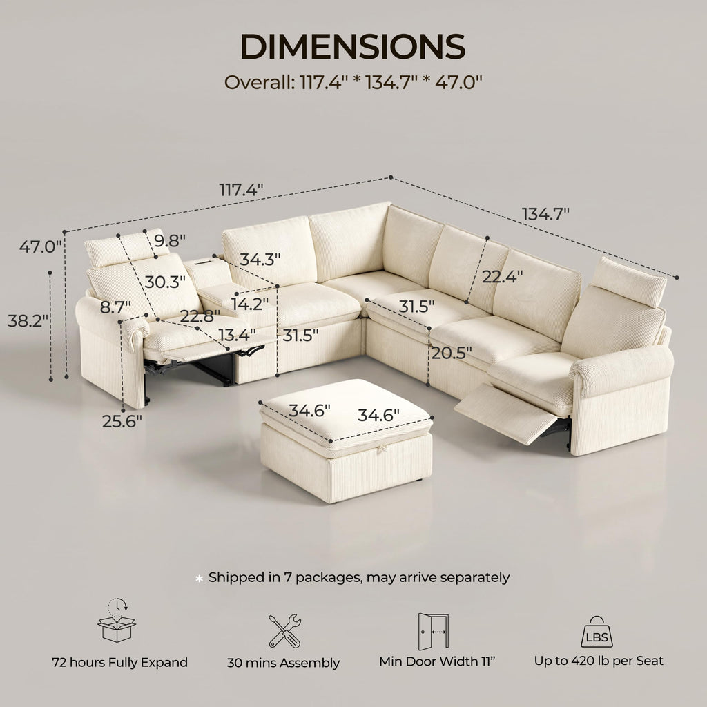 117" 6-Seat Modular Power Reclining Sectional Couch, Beige
