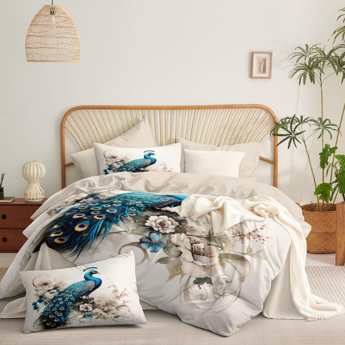Victorian Bird Floral King Comforter Set Peacock Bedding Set for Women Girls Teal Peacock Feather Decor Quilt Set